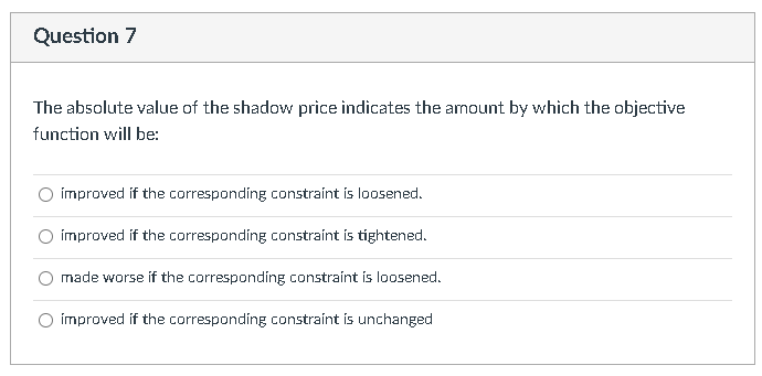 Question 7 The absolute value of the shadow price