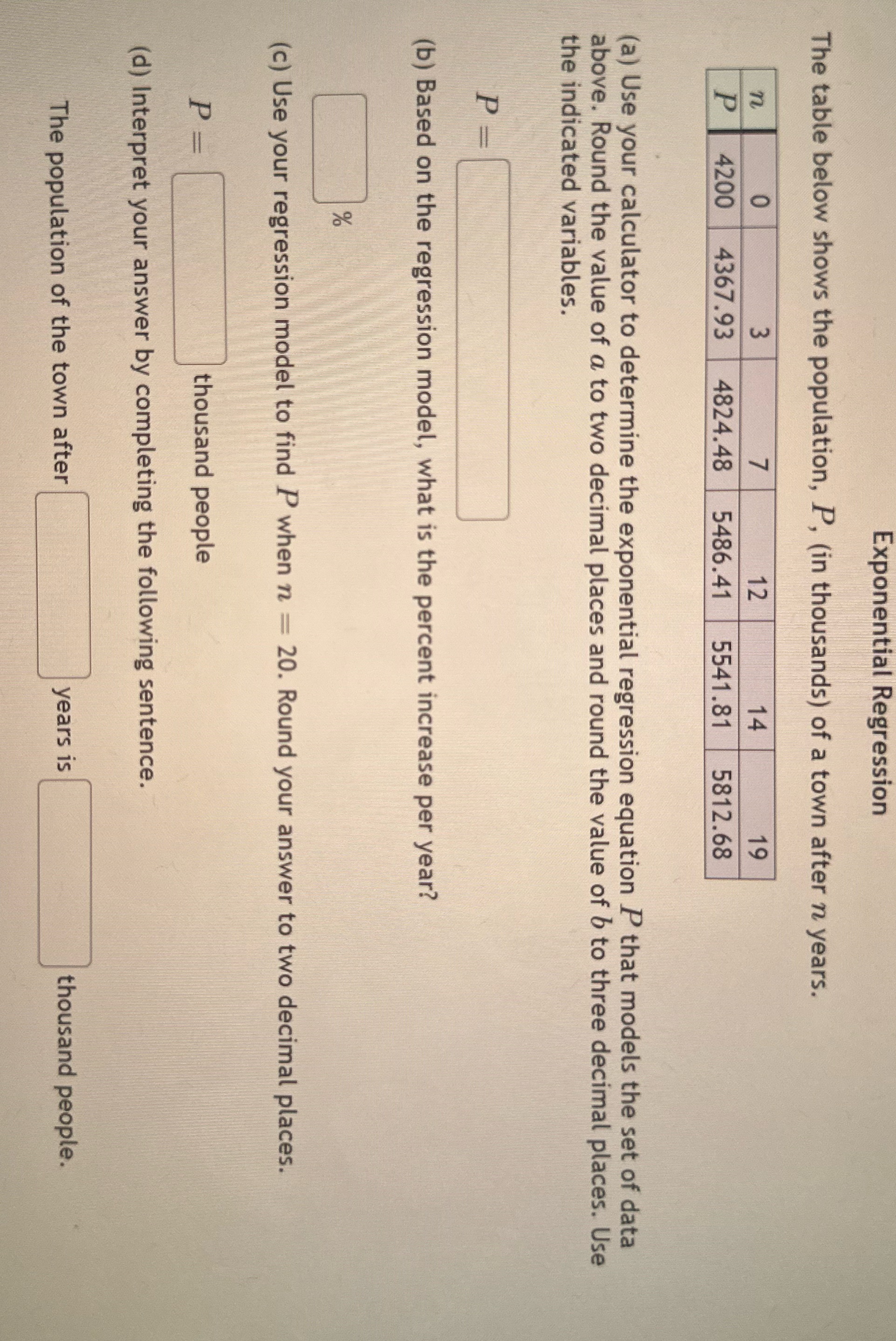 Exponential Regression The table below shows the