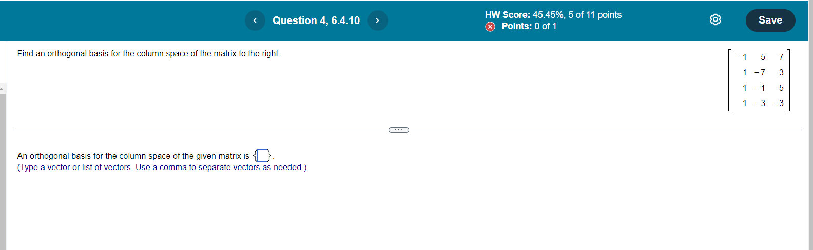 Question 2, 5.7.1 HW Score: 85.71%, 6 of 7 points
