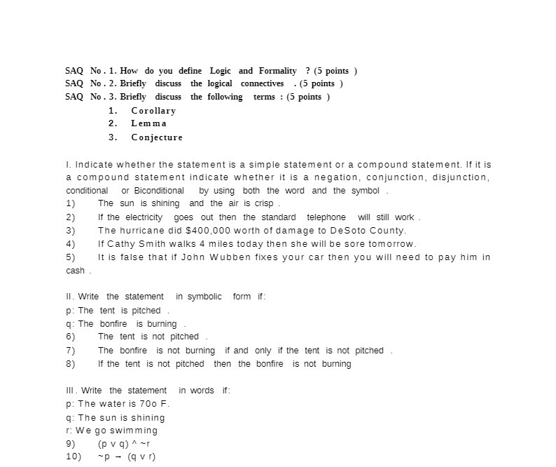 SAQ No . 1. How do you define Logic and Formality
