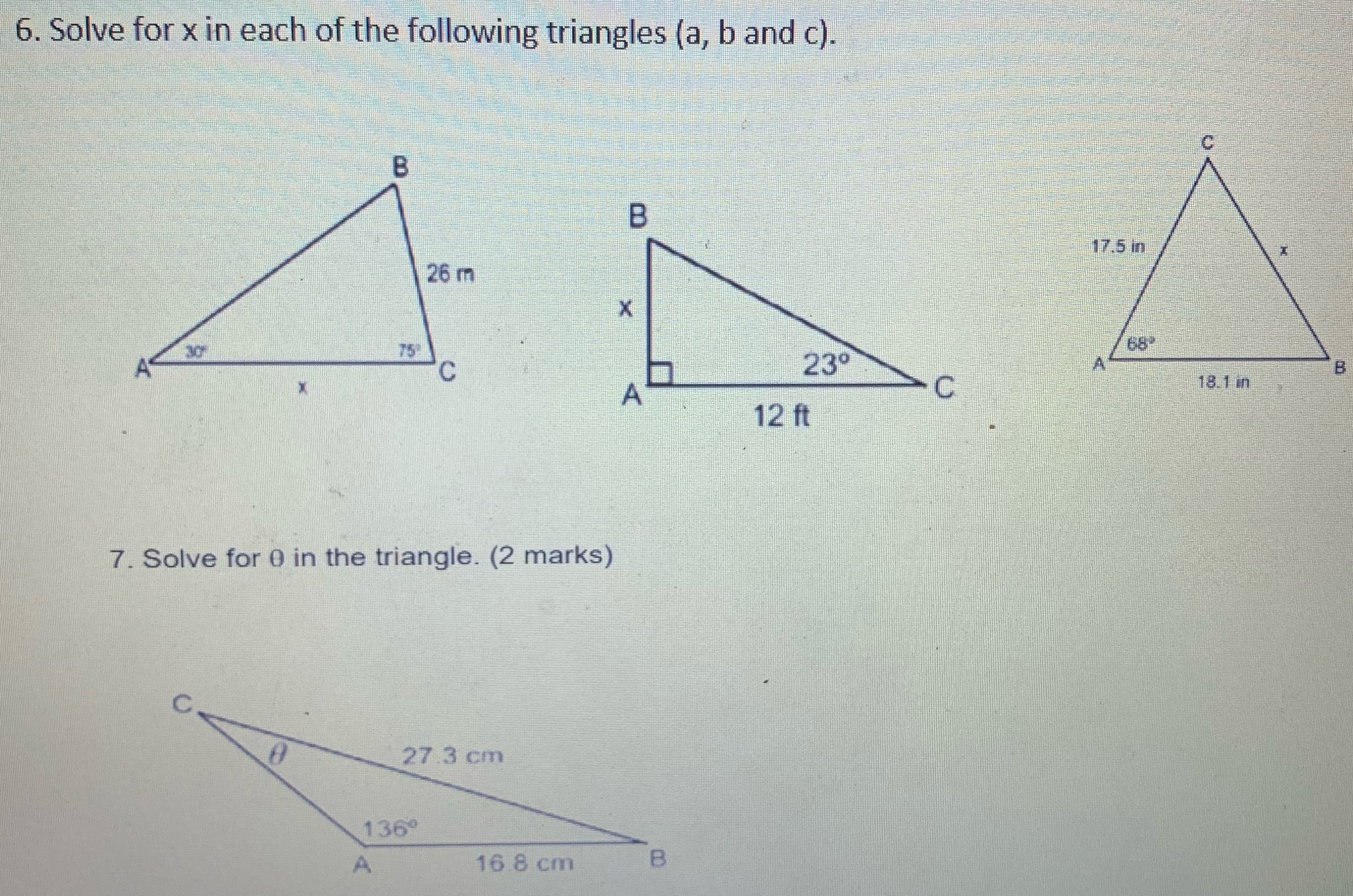 6. Solve for x in each of the following triangles
