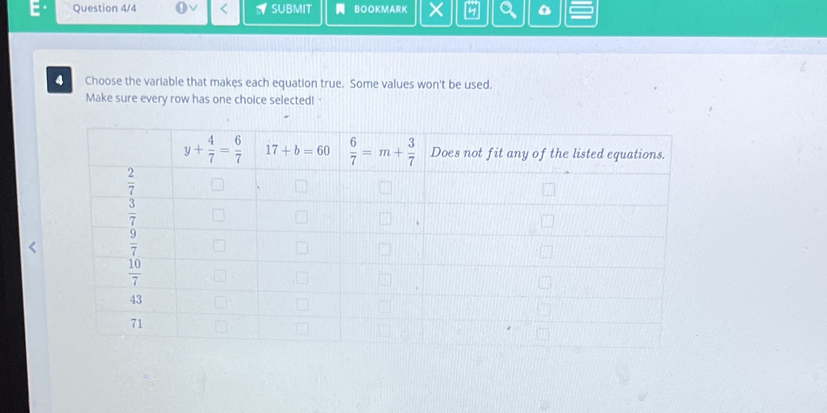 E. Question 4/4 Ov < SUBMIT A BOOKMARK X 4 Choose