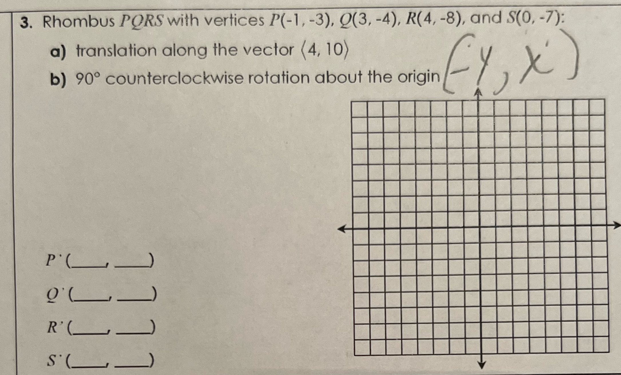 3. Rhombus PORS with vertices P(-1, -3), Q(3,