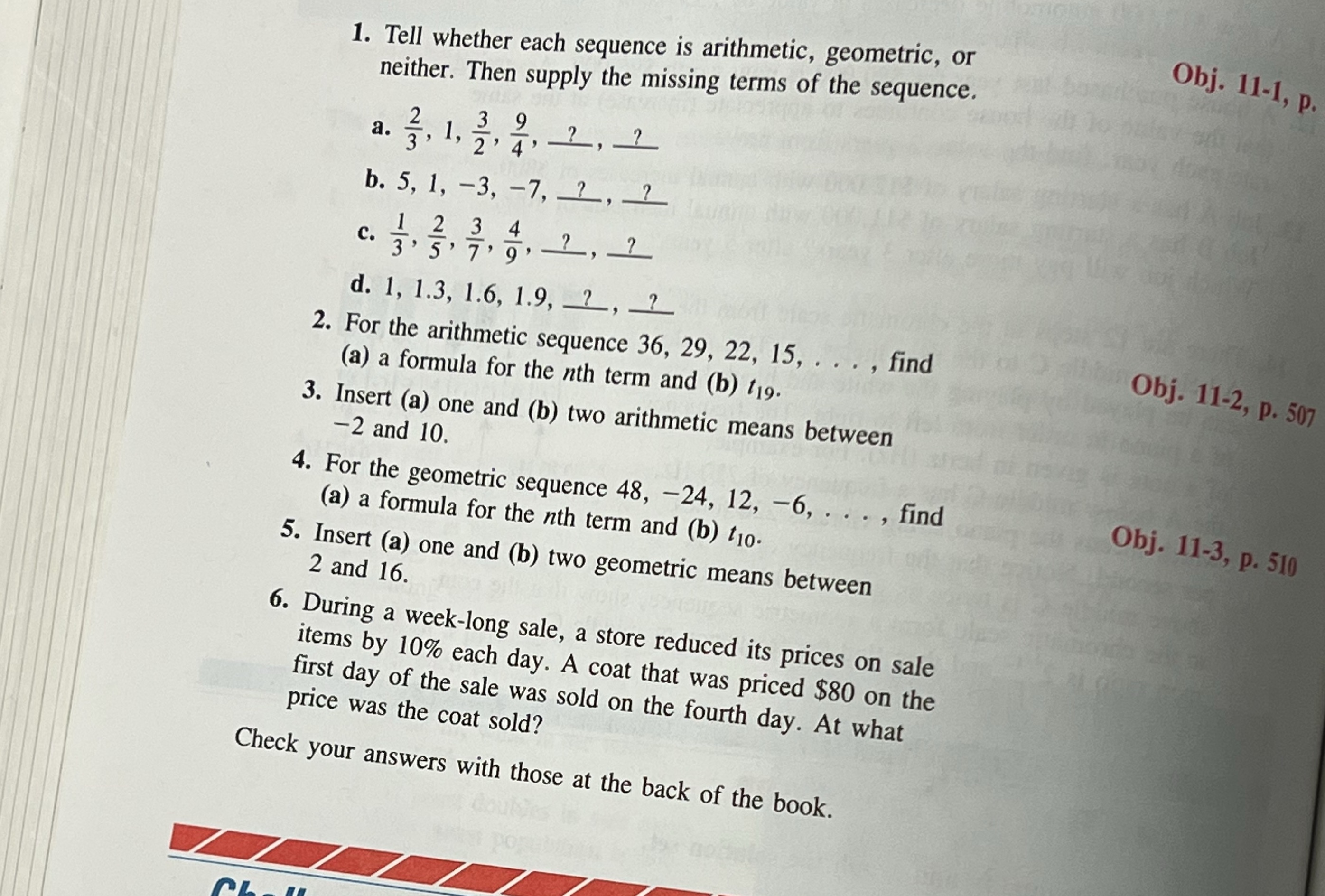 1. Tell whether each sequence is arithmetic,