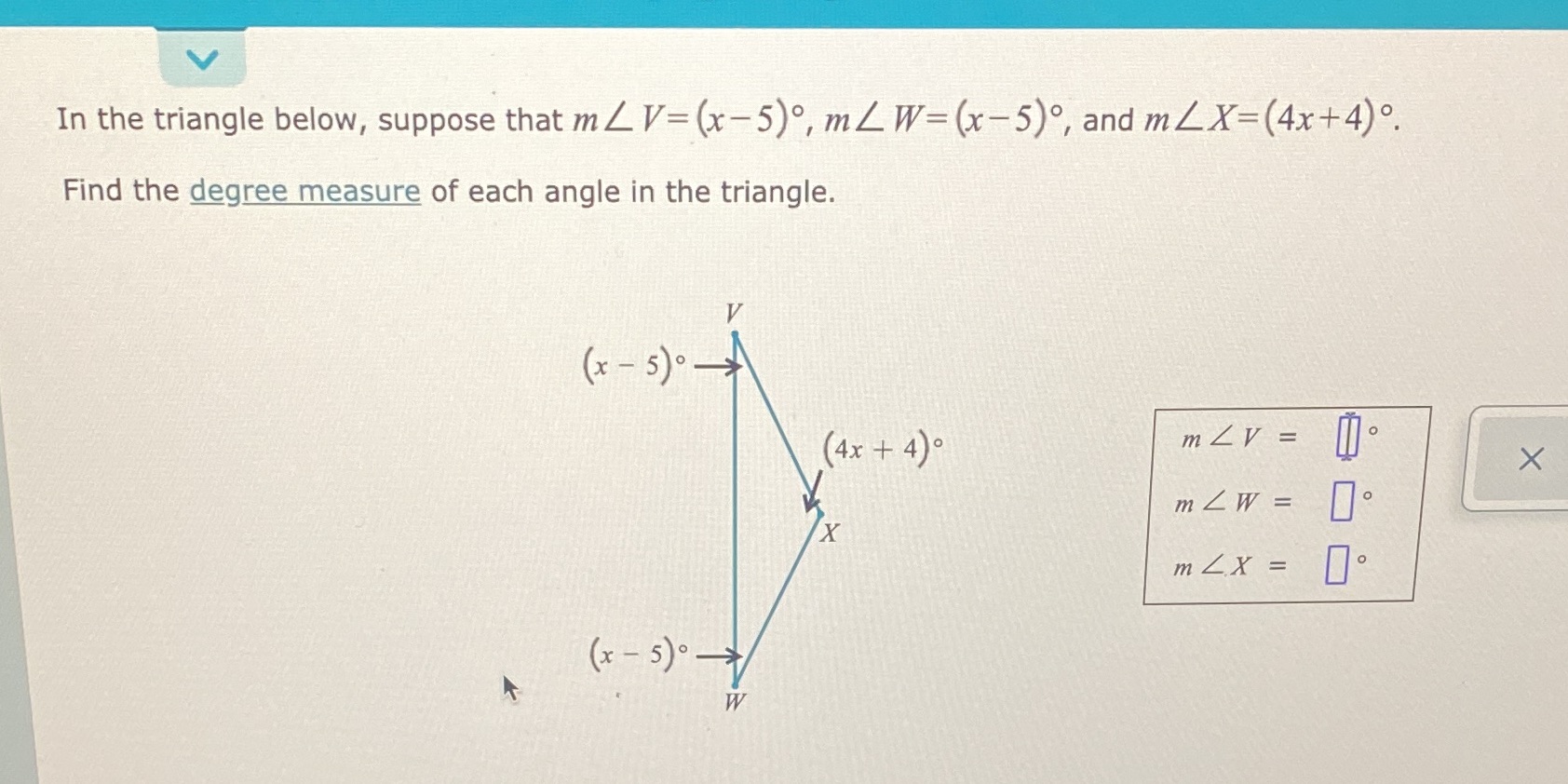 In the triangle below, suppose that m LV= (x-5),