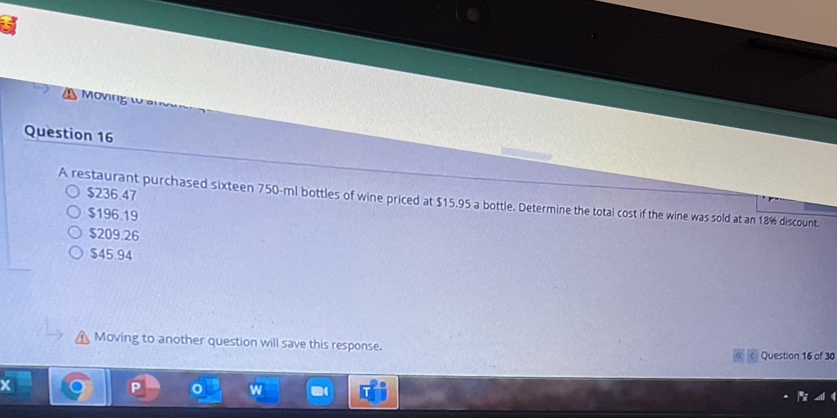Moving LU GIVE Question 16 A restaurant purchased