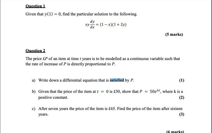Question 1 Given that y(1) = 0, find the
