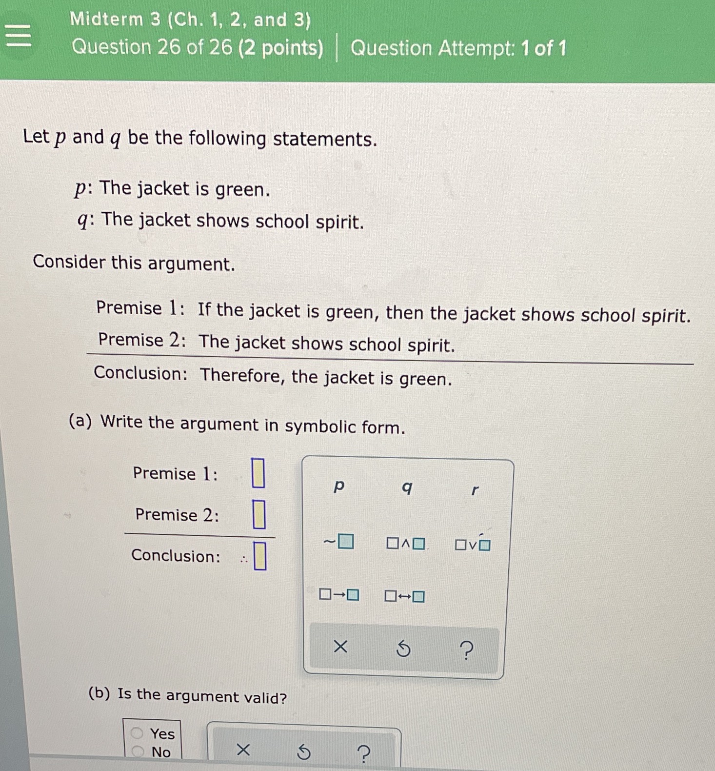 Midterm 3 (Ch. 1, 2, and 3) = Question 26 of 26