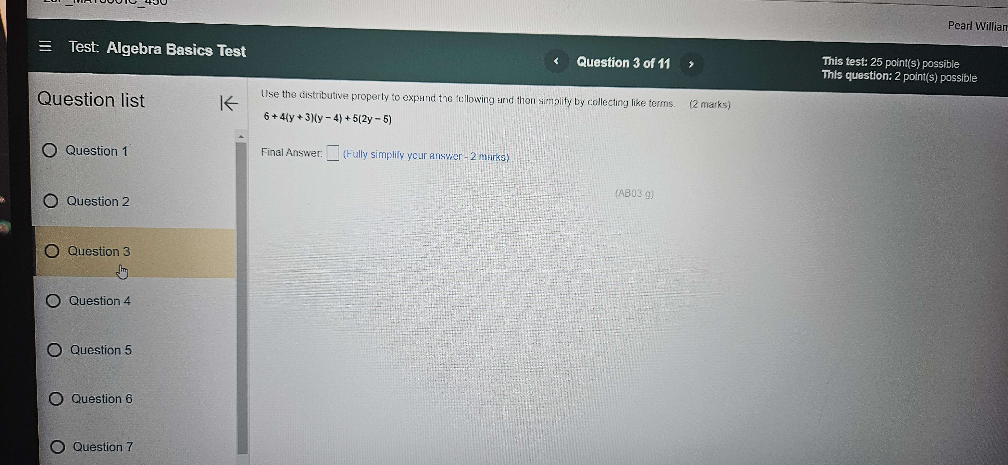 Pearl Williar E Test: Algebra Basics Test