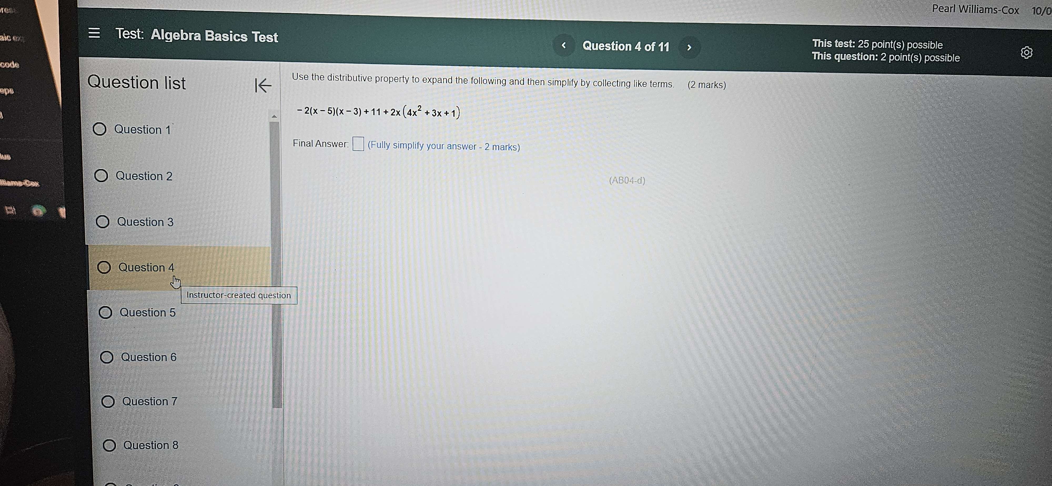 Pearl Williar E Test: Algebra Basics Test