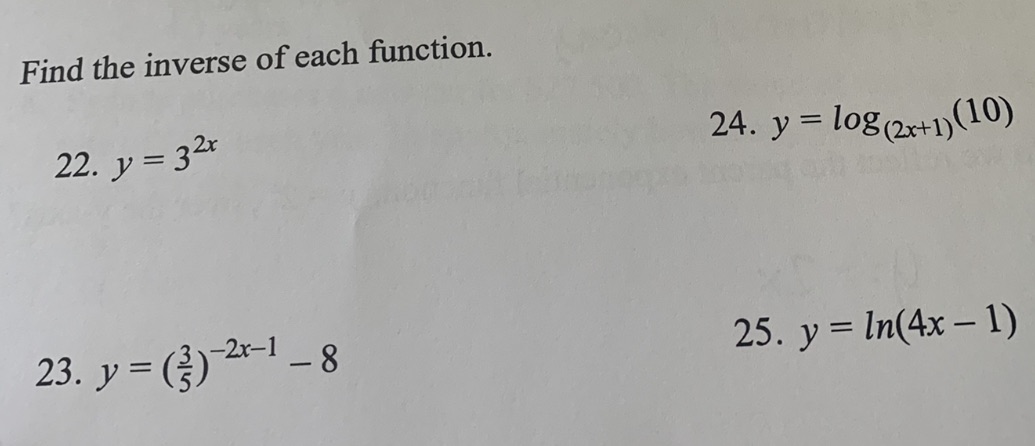 Find the inverse of each function. 22. y = 32x