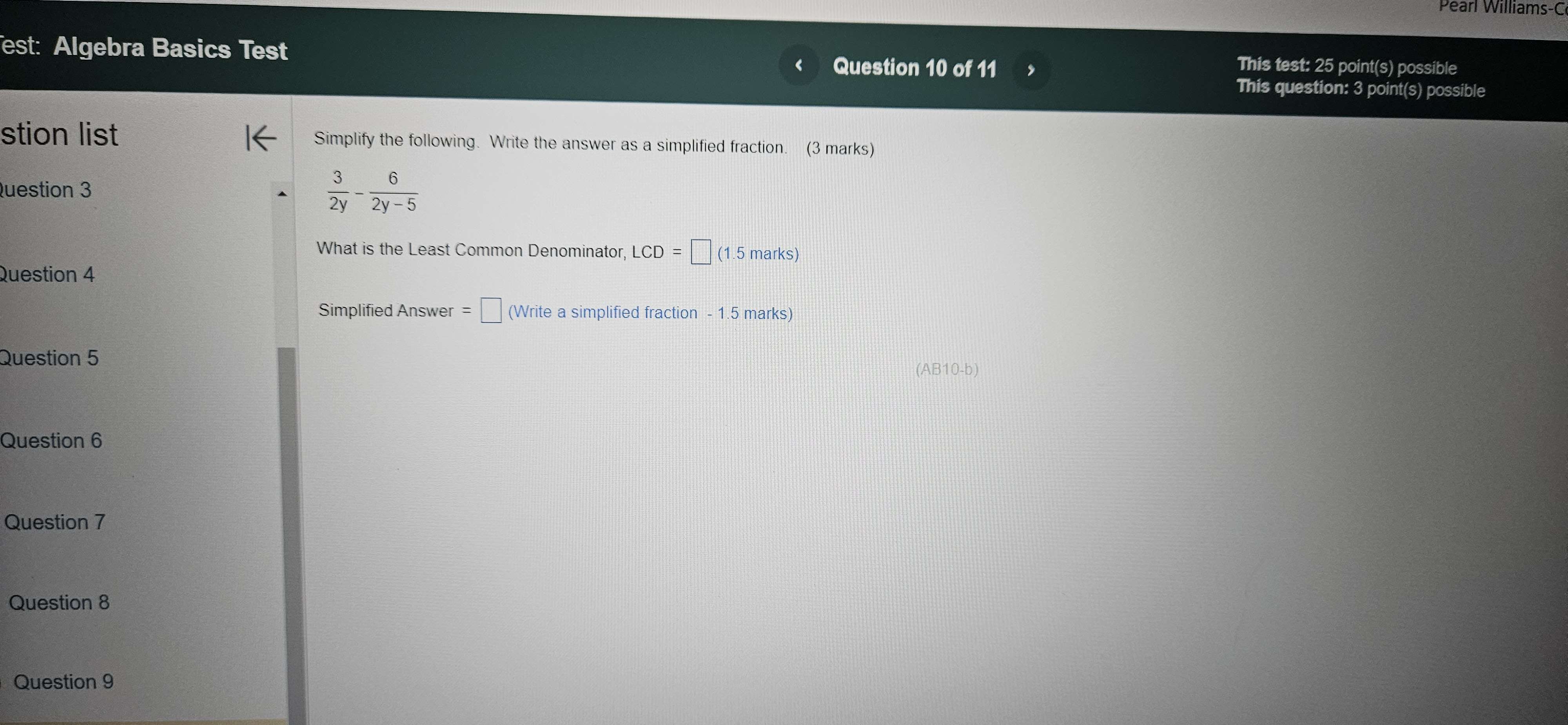 Pearl Williar E Test: Algebra Basics Test