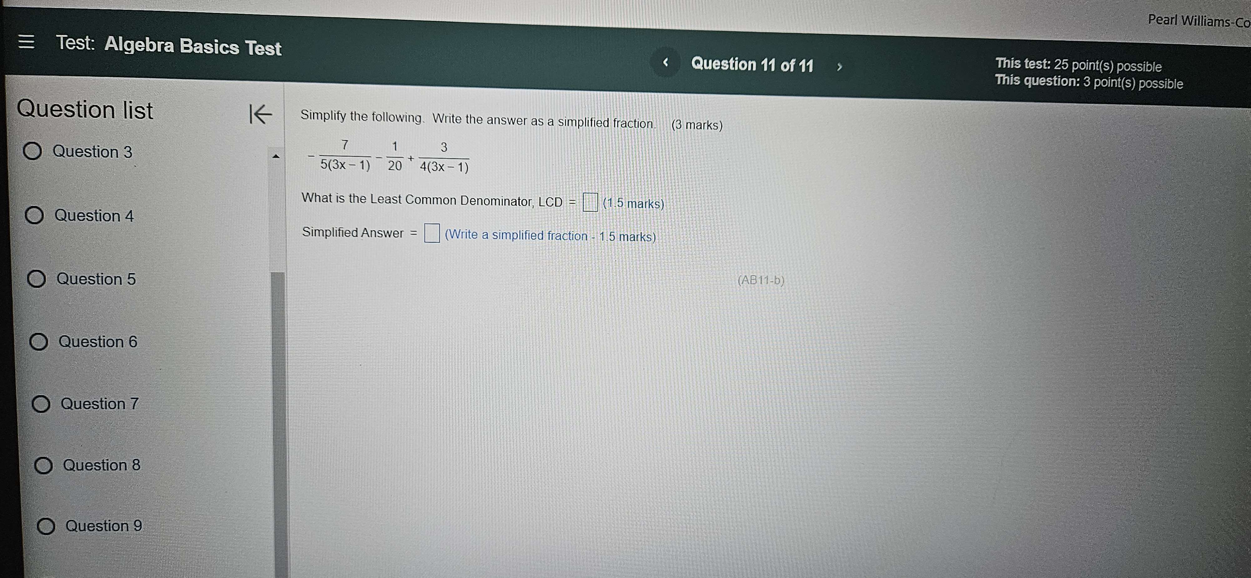 Pearl Williar E Test: Algebra Basics Test