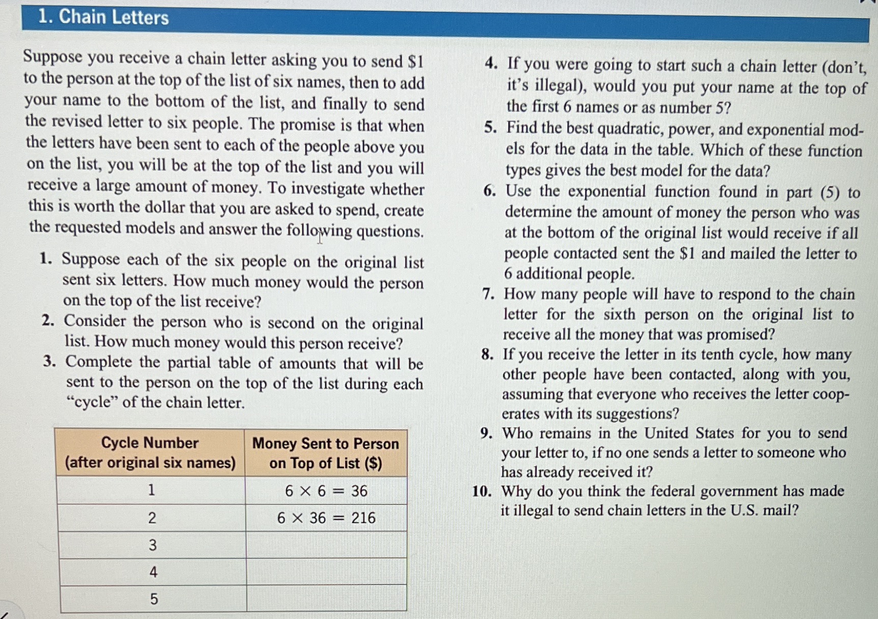 Need help with 5-10 1. Chain Letters Suppose you