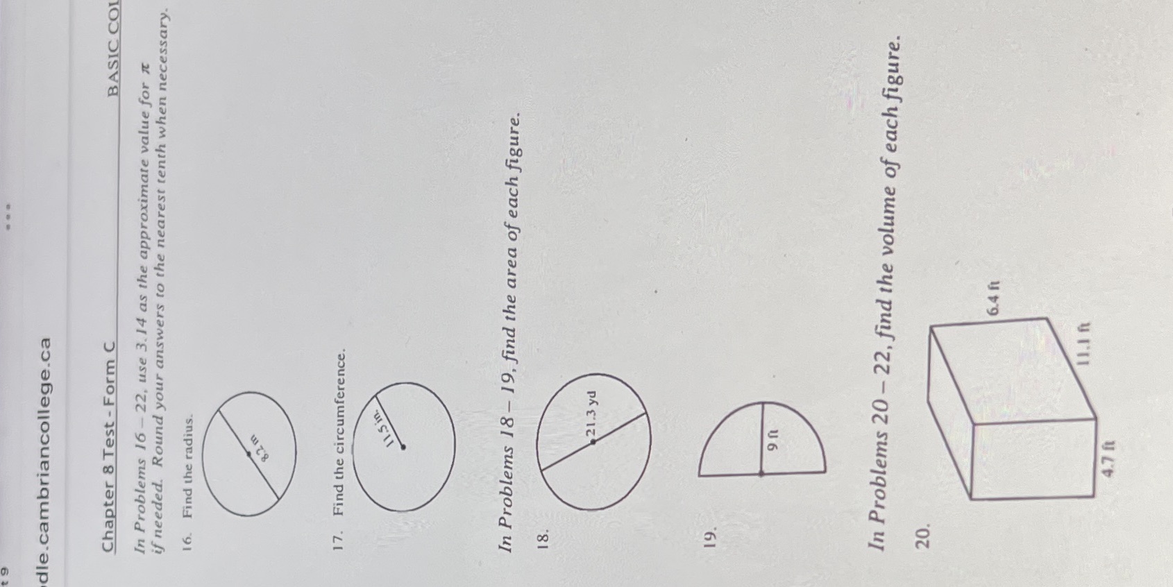 dle.cambriancollege.ca Chapter 8 Test - Form C