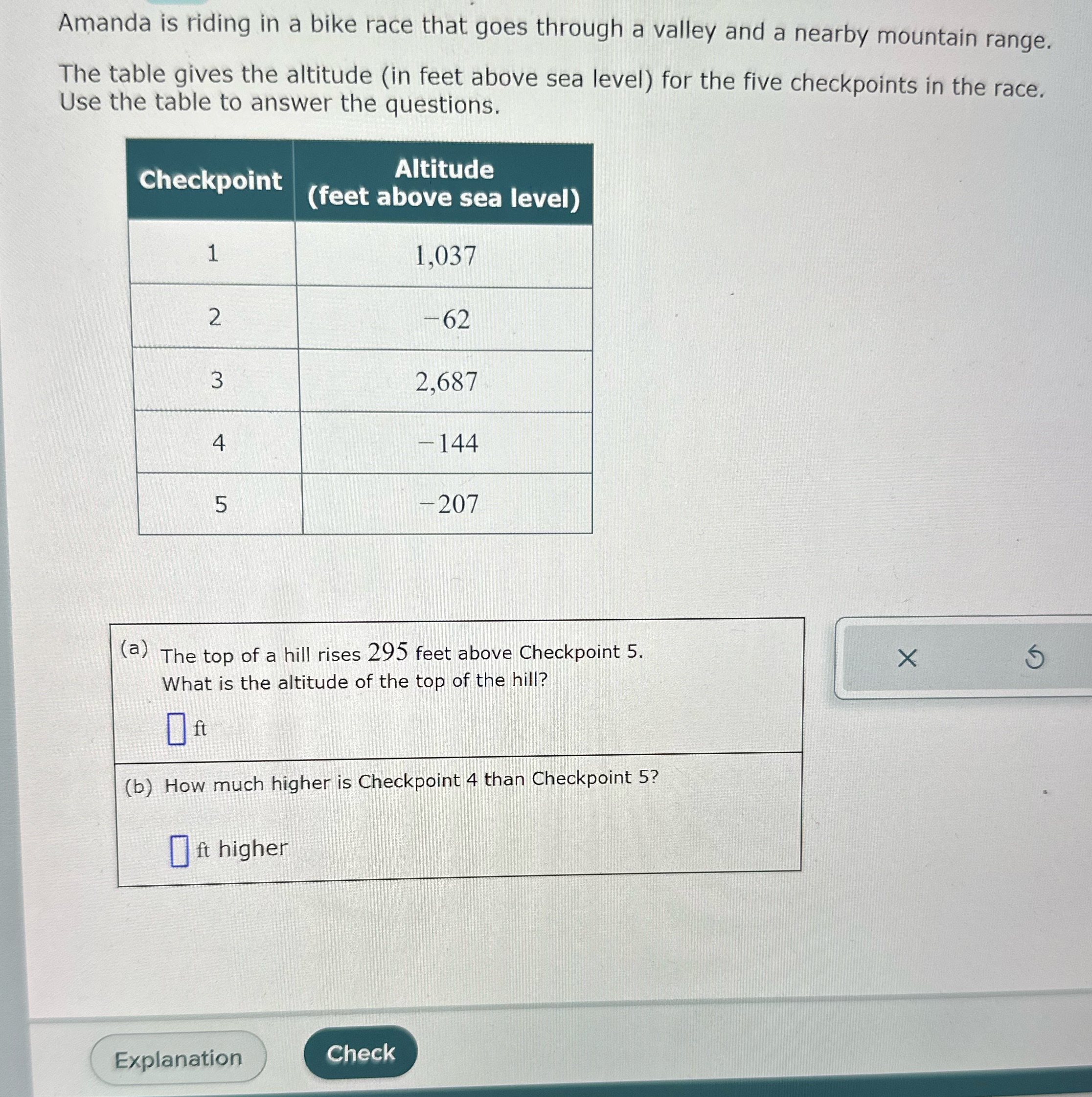 Amanda is riding in a bike race that goes through