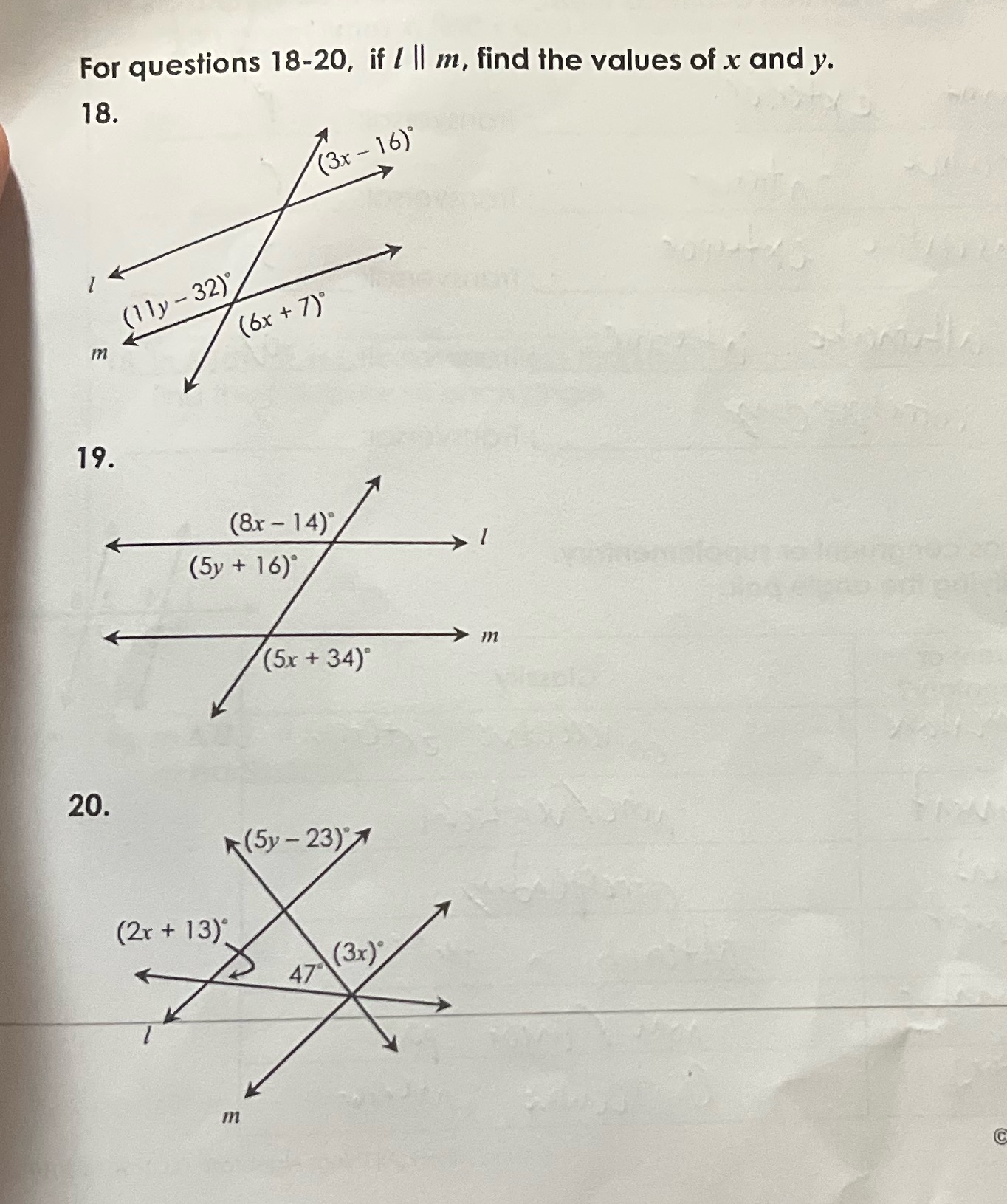 For questions 18-20, if / II m, find the values