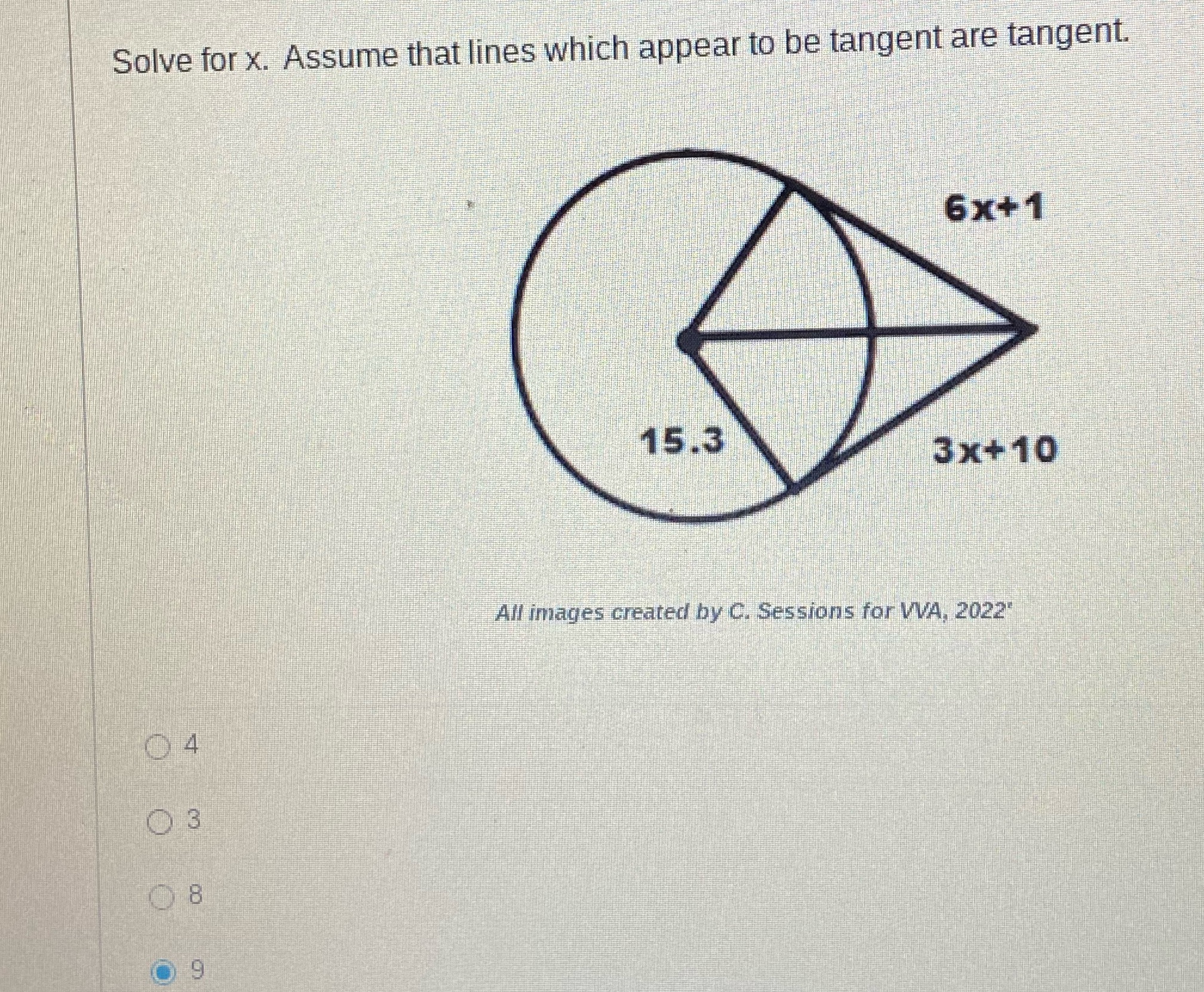 Solve for x. Assume that lines which appear to be