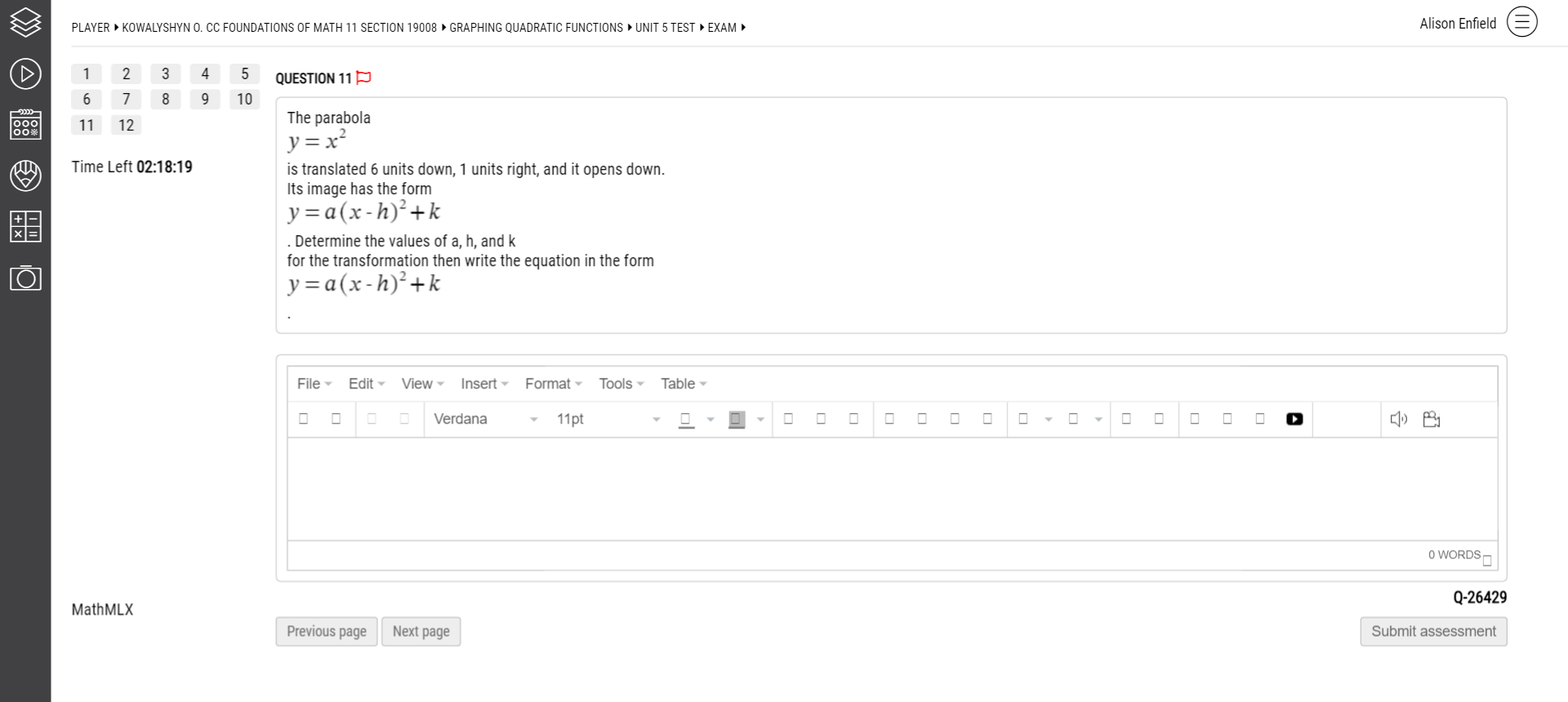 PLAYER KOWALYSHYN O. CC FOUNDATIONS OF MATH 11
