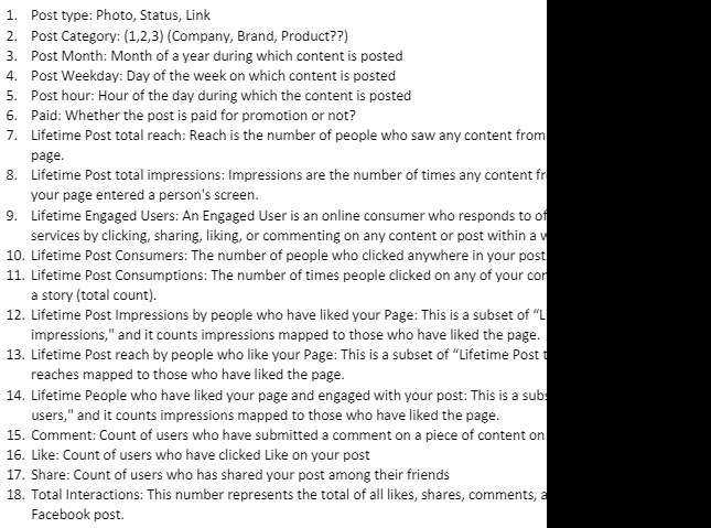 1. Post type: Photo, Status, Link 2. Post