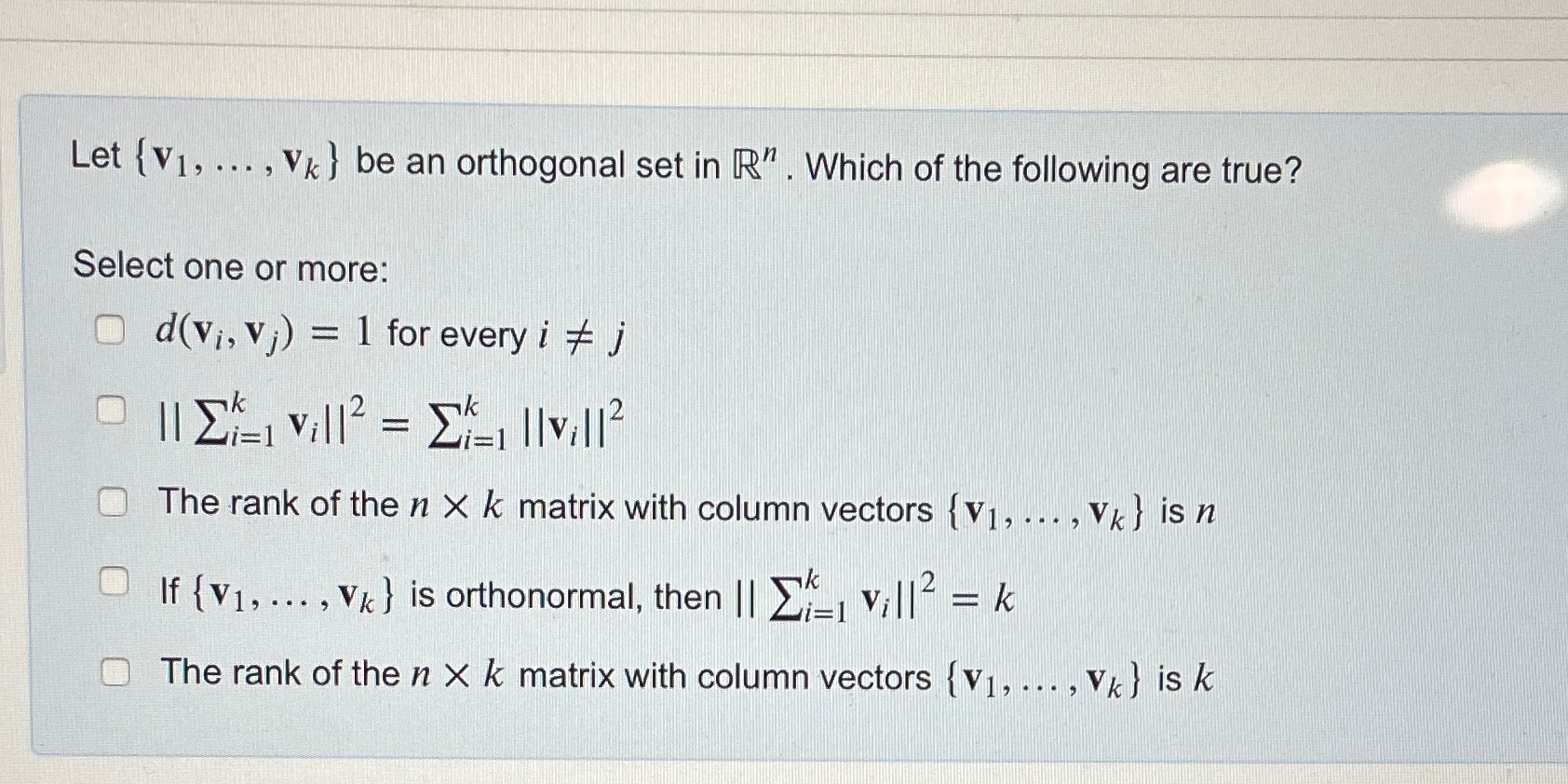 Let { V1, . .. , Vx } be an orthogonal set in R"