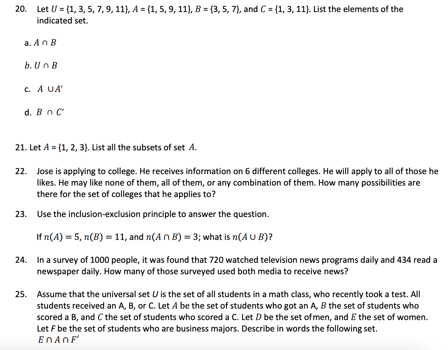 Please answer 20. through 25. 20. Let U = {1, 3,