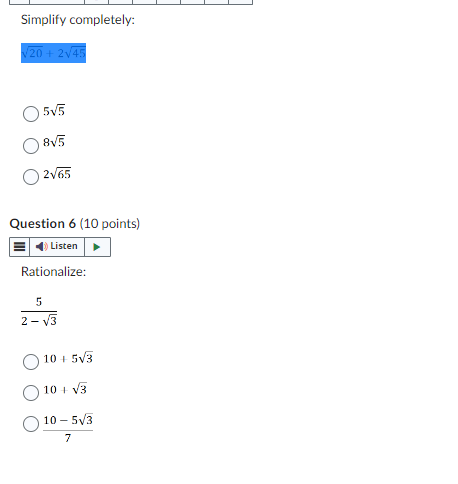 Simplify completely: /20 + 2v45 O 5v5 2v65