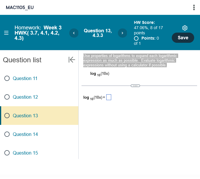Use properties of logarithms to expand each
