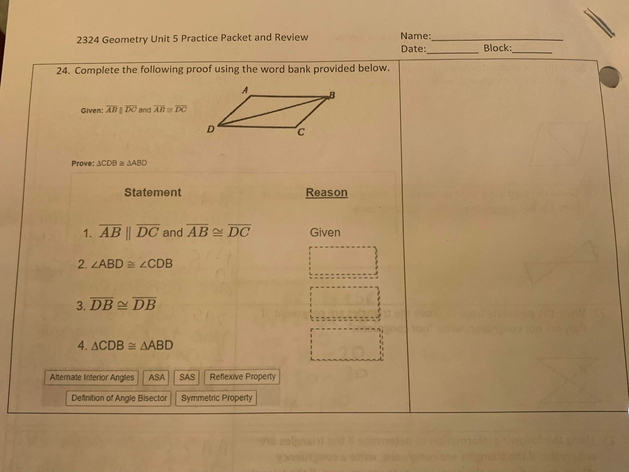 2324 Geometry Unit 5 Practice Packet and Review