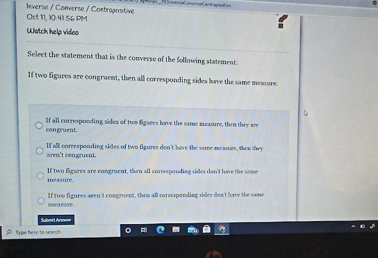 Select the statement that is the converse of the