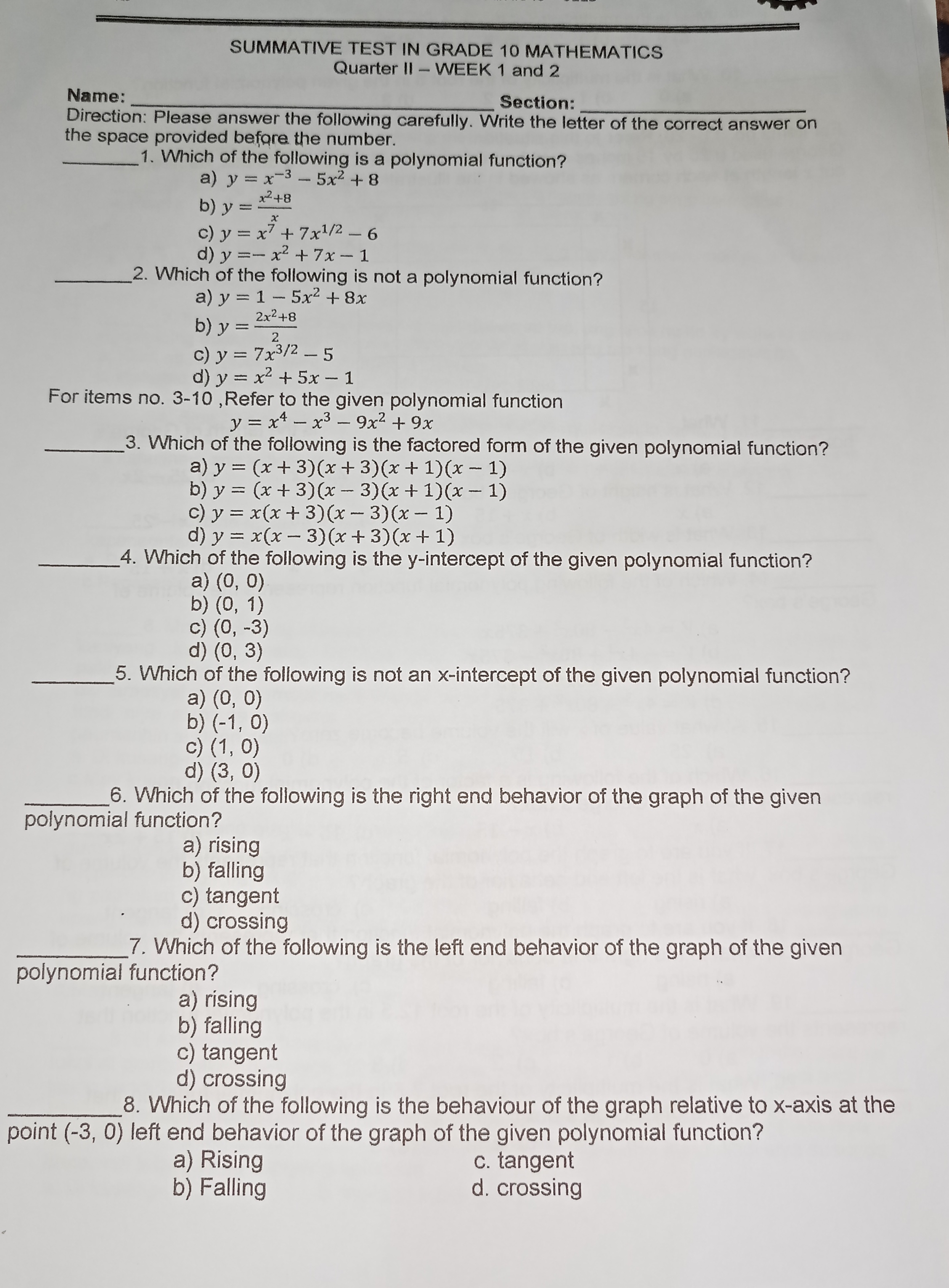 SUMMATIVE TEST IN GRADE 10 MATHEMATICS Quarter II