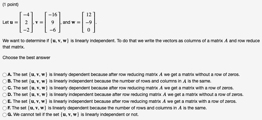 (1 point) -4 -16 12 Let u = 2 V 9 , and w = -9 We