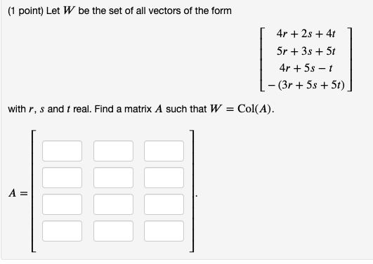 (1 point) Let W/ be the set of all vectors of the