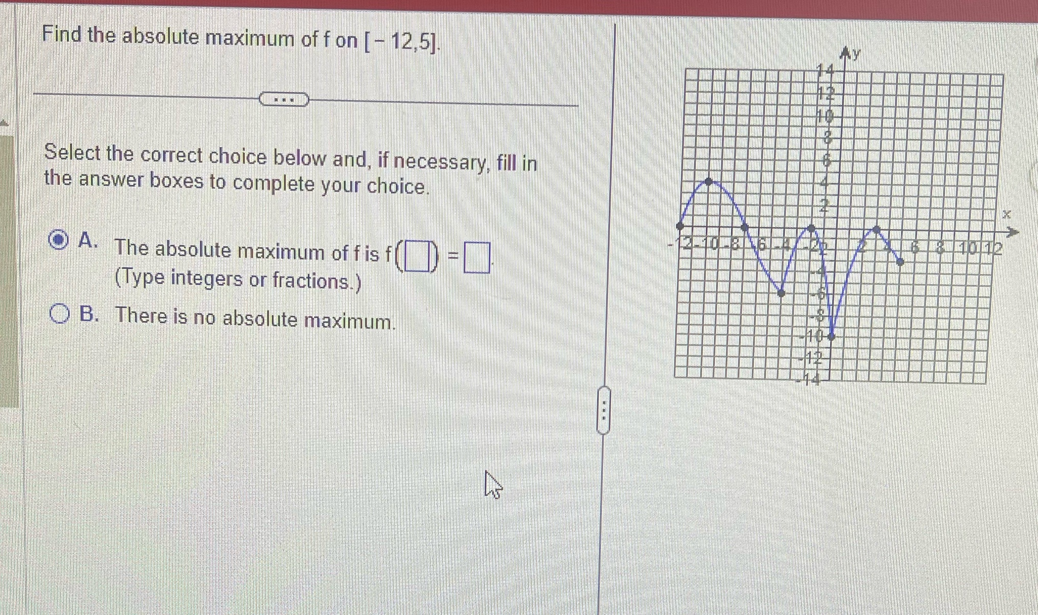 Find the absolute maximum of f on [ - 12,5].