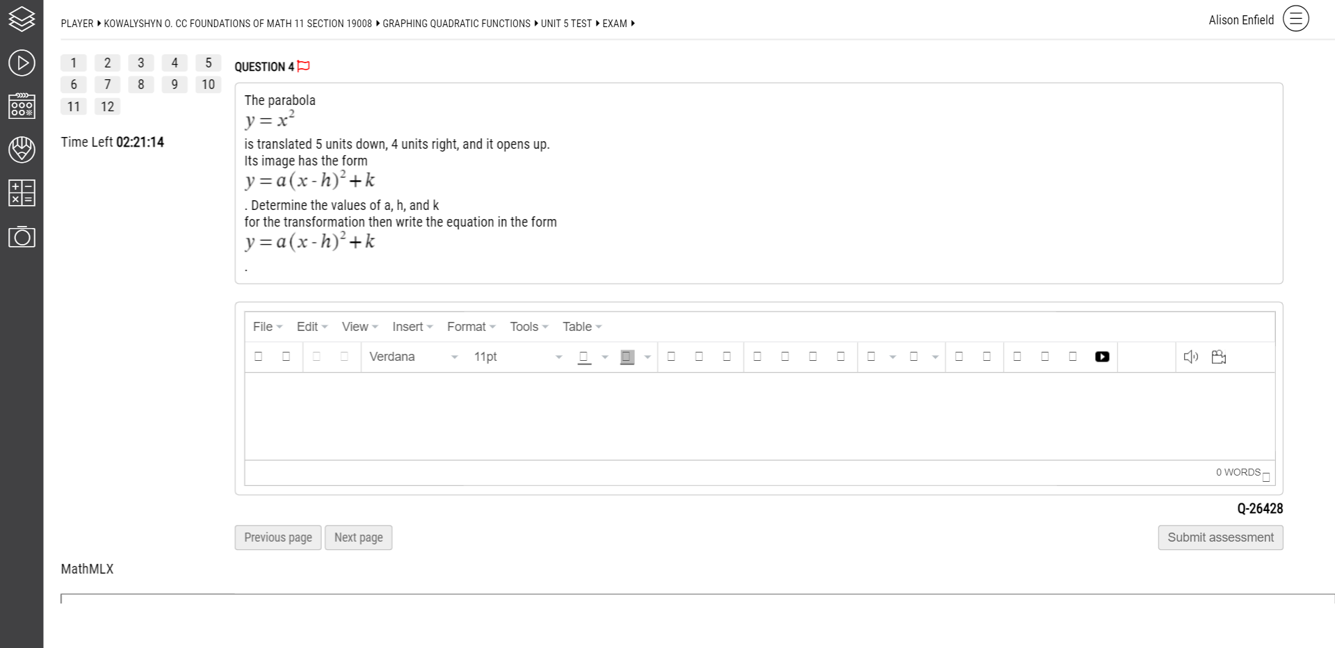 PLAYER KOWALYSHYN O. CC FOUNDATIONS OF MATH 11