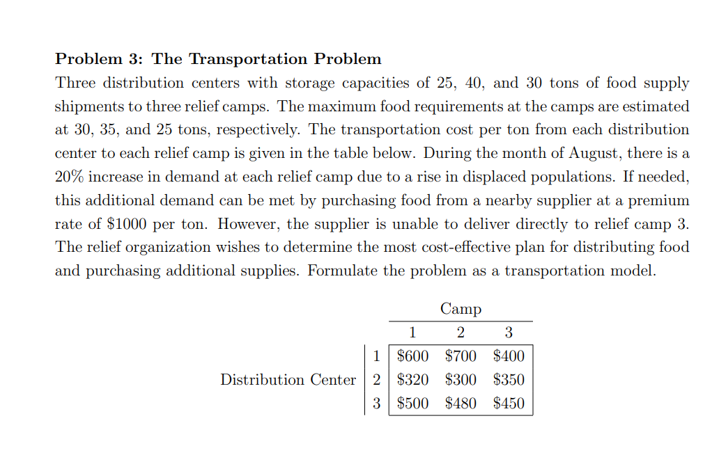 Problem 3 : The Transportation Problem Three