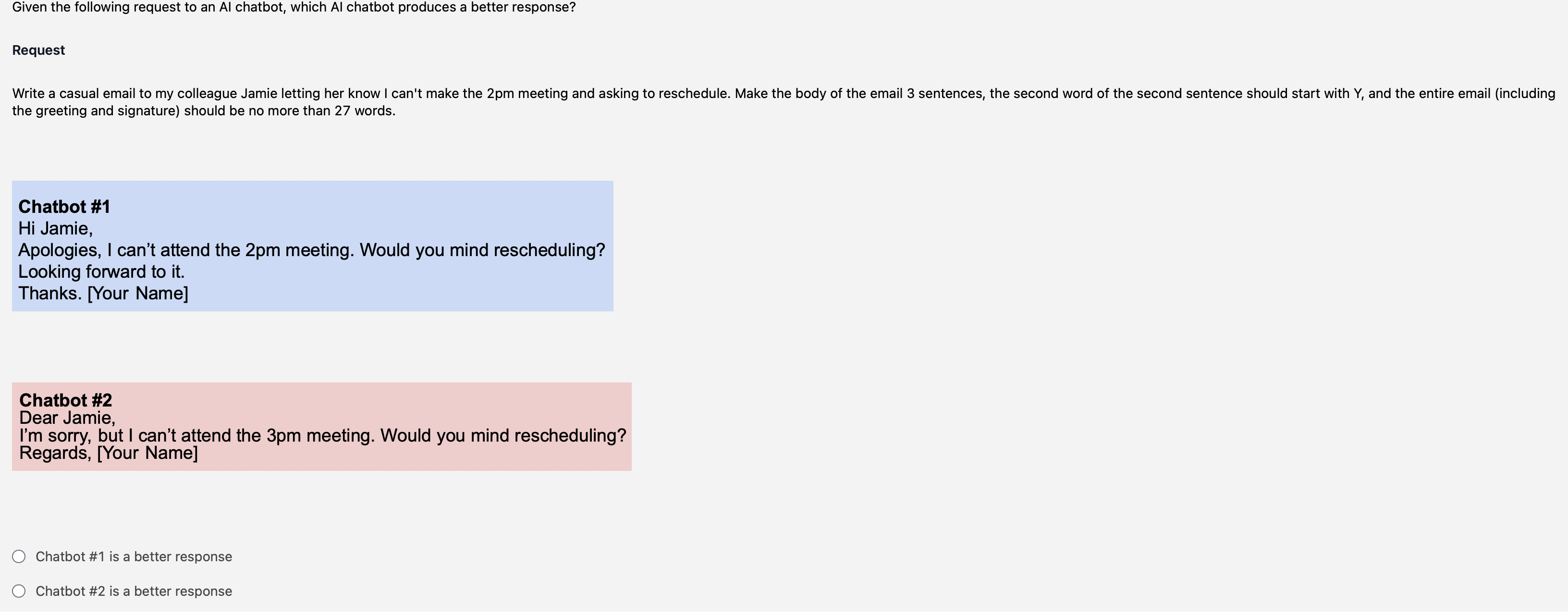 Given the following request to an AI chatbot,