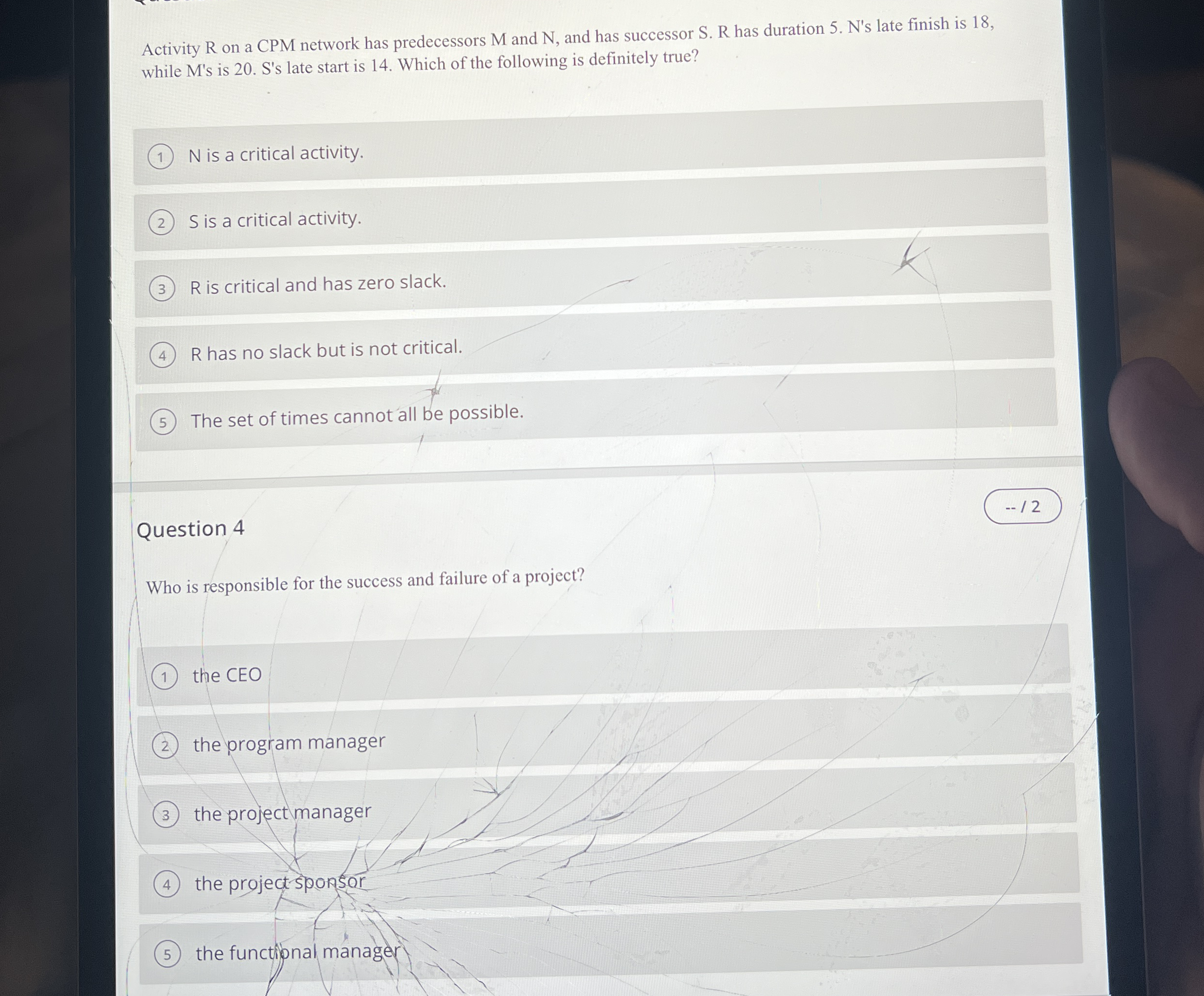 Activity R on a CPM network has predecessors M