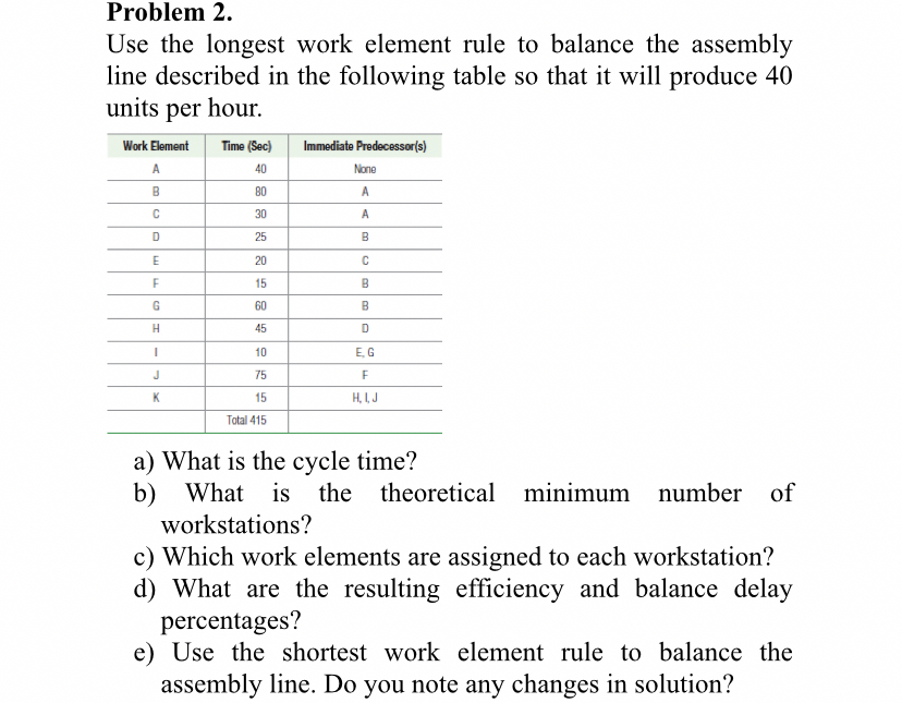 Problem 2 . Use the longest work element rule to