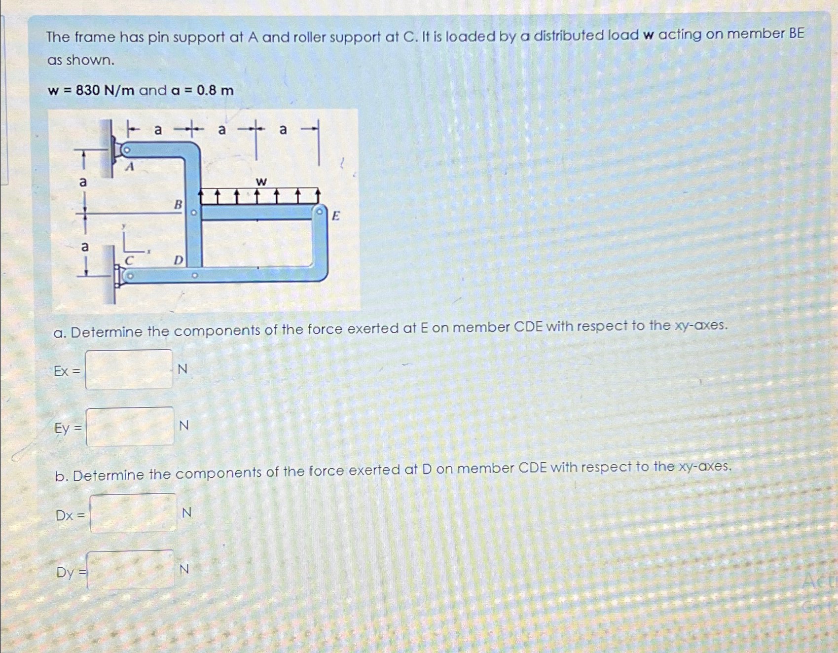 The frame has pin support at A and roller support