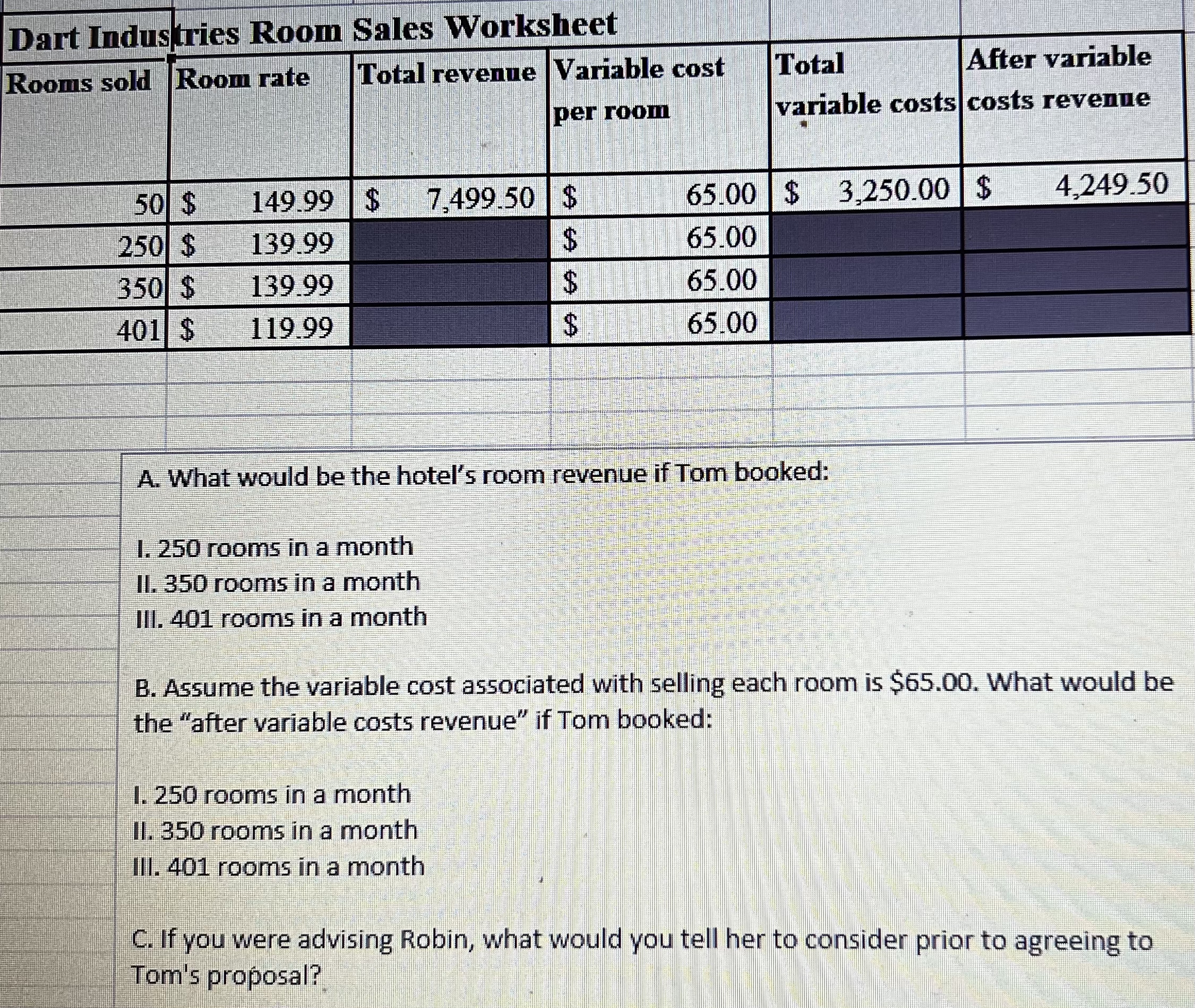 \ table [ [ Rooms sold,Room rate,Total