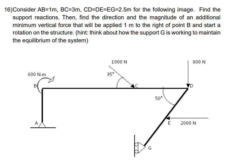 Consider A B = 1 m , B C = 3 m , C D = D E = E G