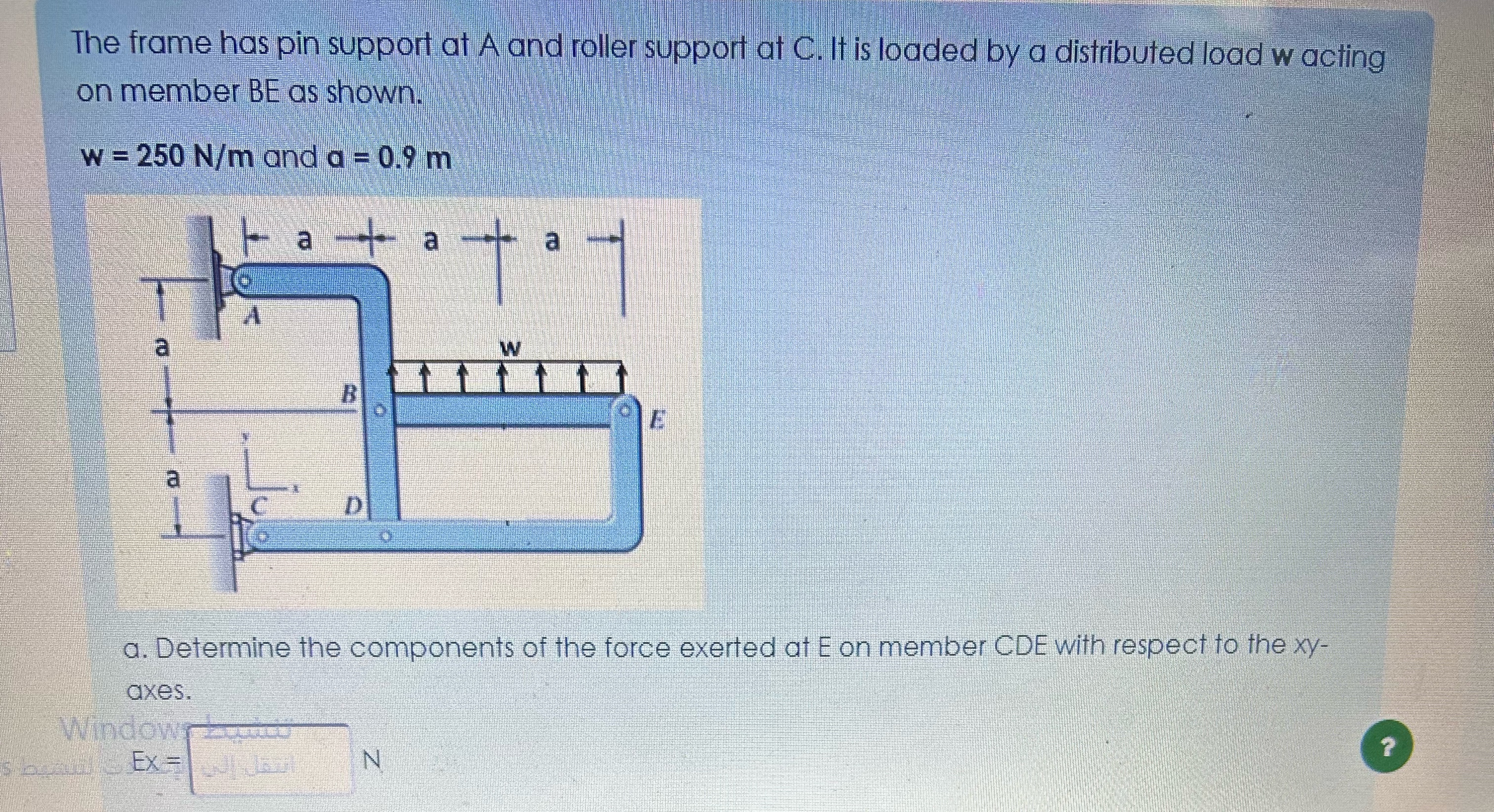 The frame has pin support at A and roller support