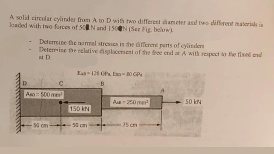 A solid circular cylinder from A to D with two