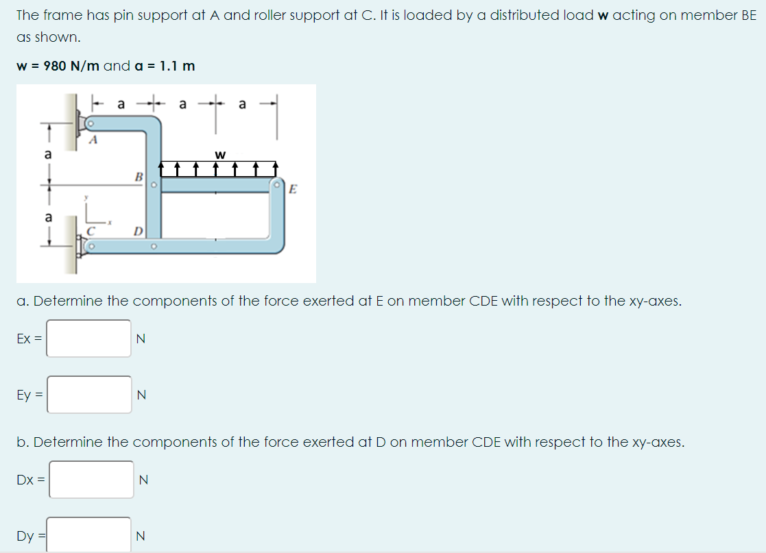 The frame has pin support at A and roller support