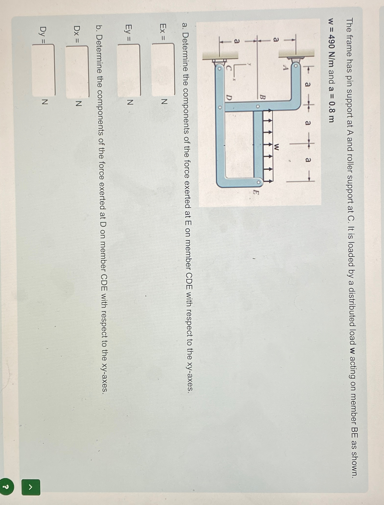 The frame has pin support at A and roller support