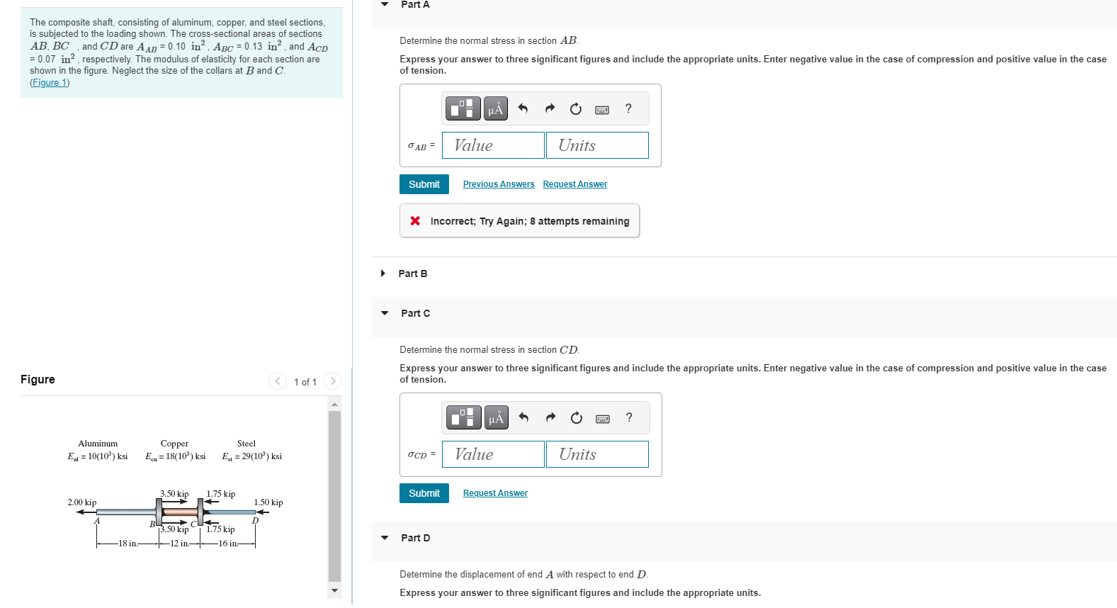 Part A Determine the normal stress in section A B