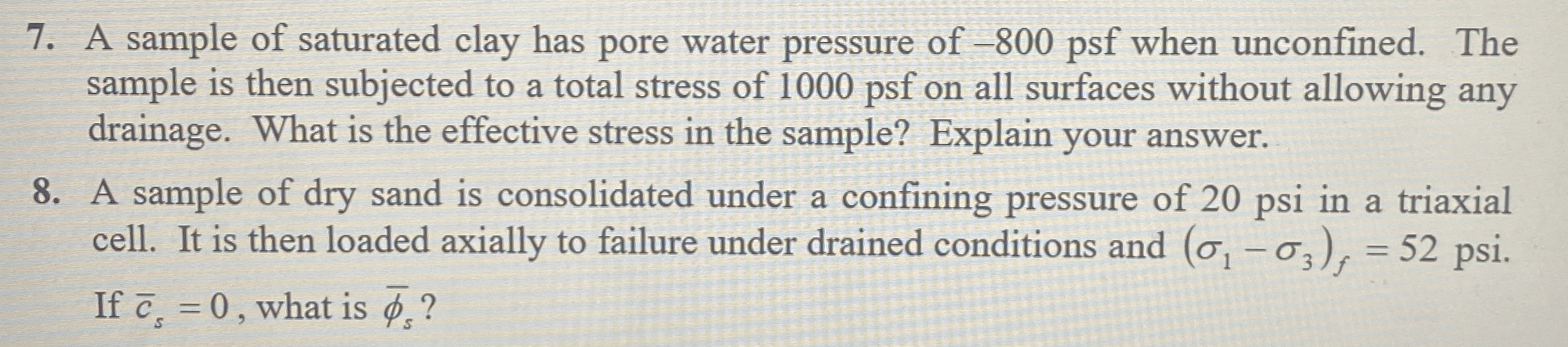 A sample of saturated clay has pore water