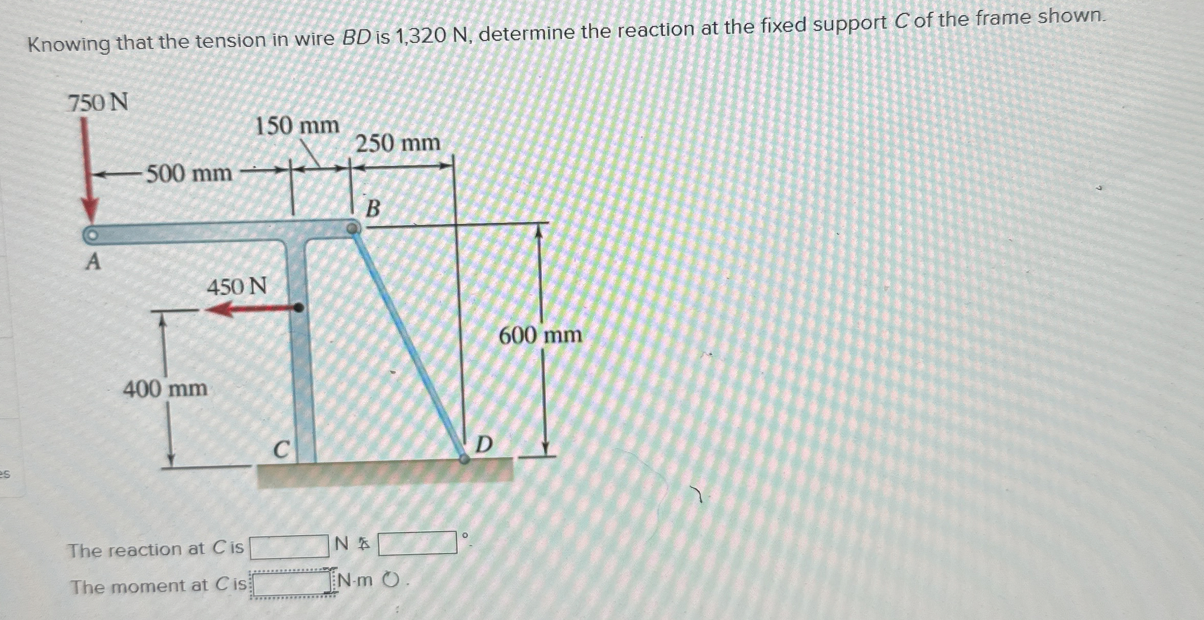 Knowing that the tension in wire B D is 1 , 3 2 0