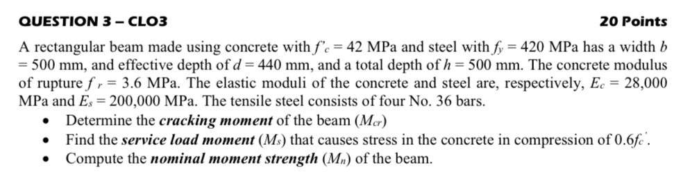 QUESTION 3 - CLO 3 2 0 Points A rectangular beam